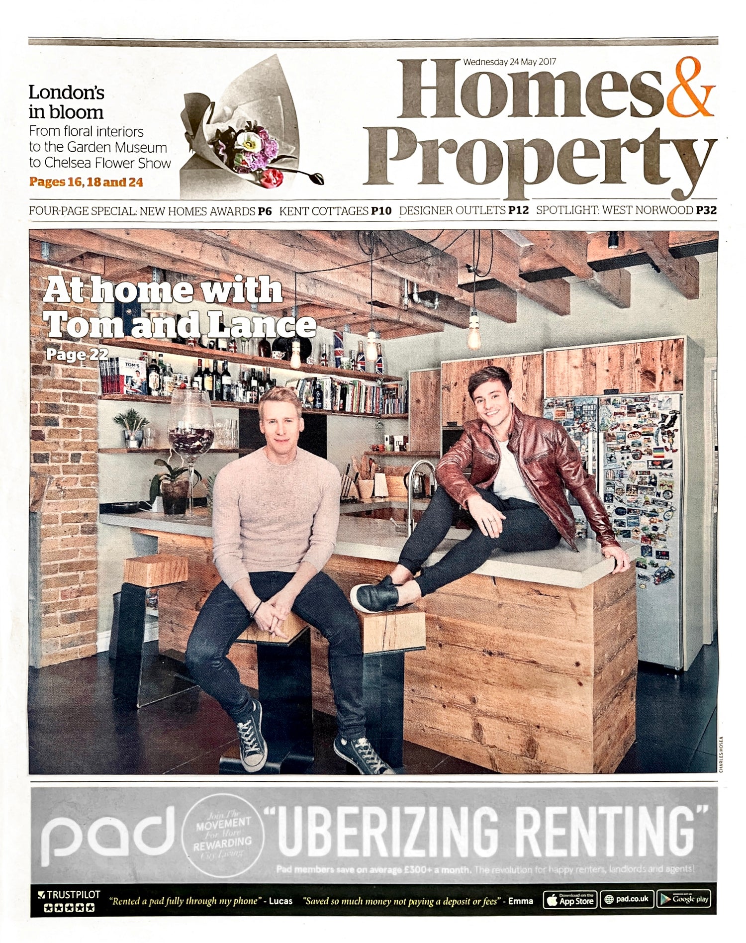 Cover of Homes & Property magazine featuring Tom Daley and Dustin Lance Black in their modern London loft apartment with industrial kitchen design.