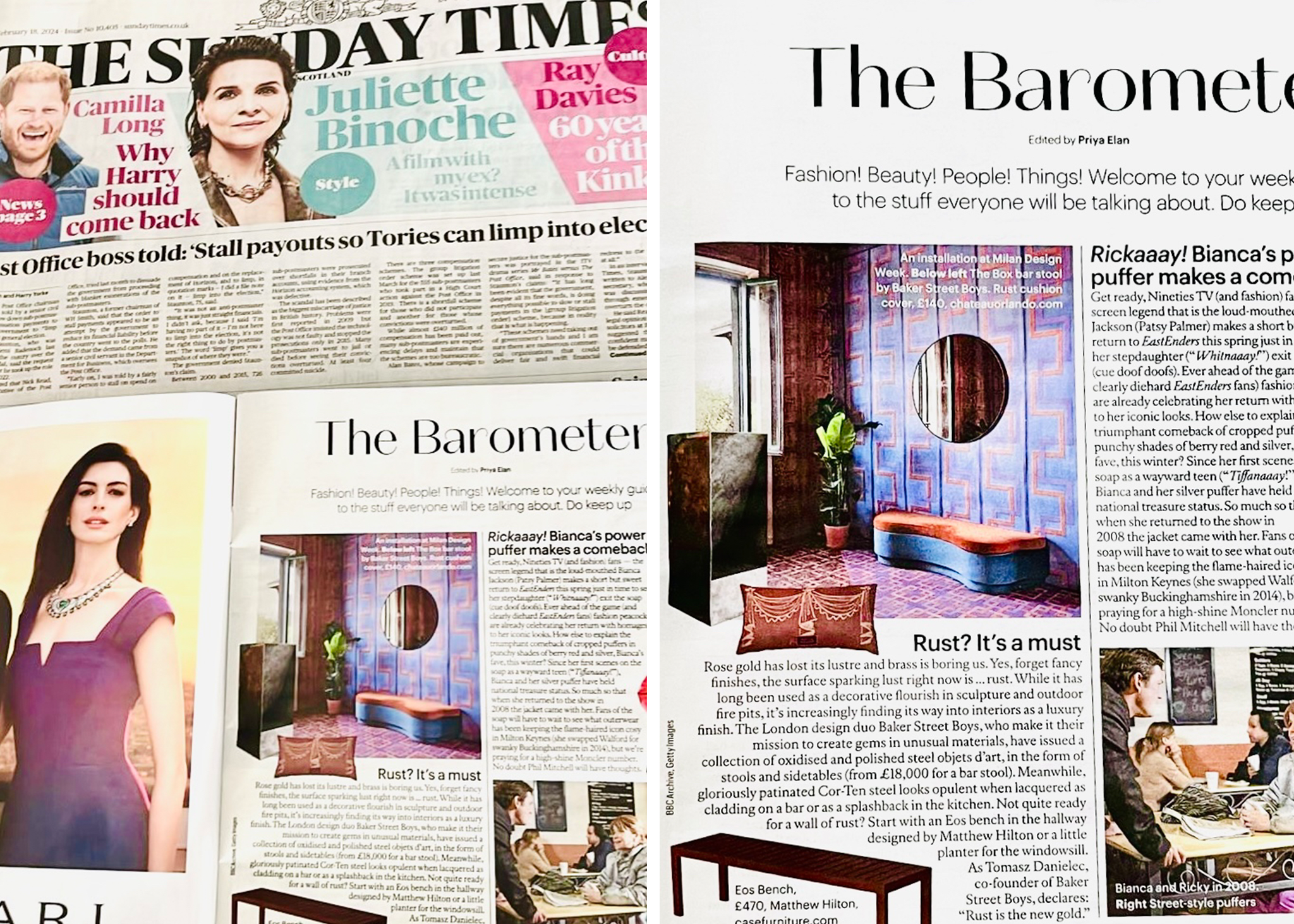 The Sunday Times article feature about contemporary art piece THE BOX bar stool by Baker Street Boys