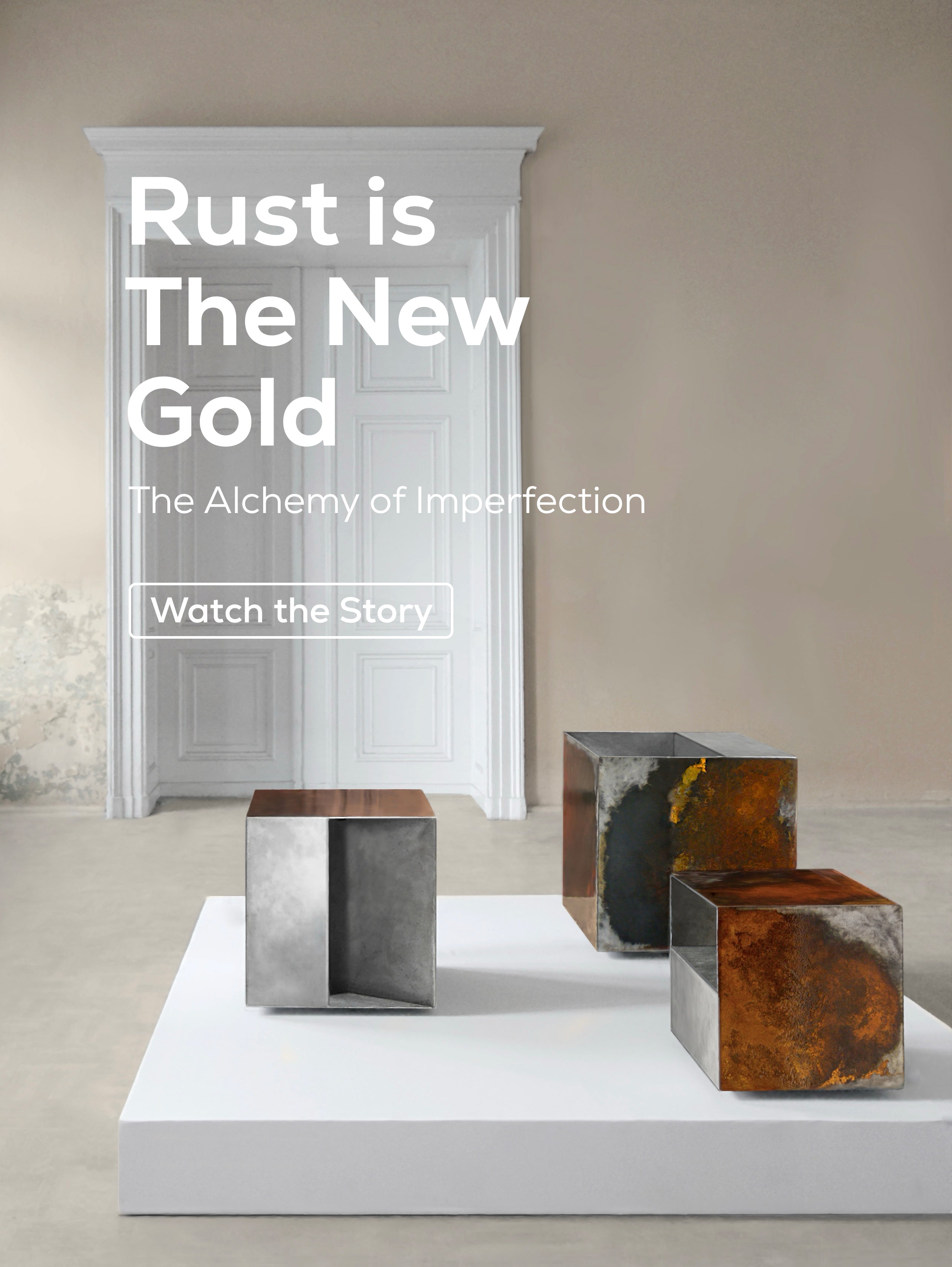 Luxury THE BOX tables contemporary art‑furniture collection made of oxidised steel displayed in Baker Street Boys palace interior