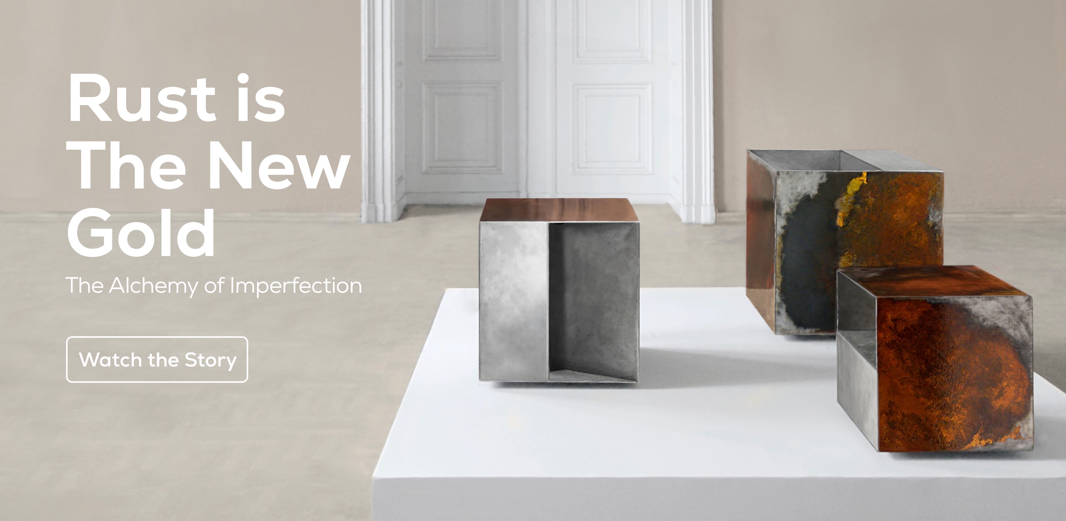 Luxury THE BOX contemporary art‑furniture collection made of oxidised steel displayed in Baker Street Boys palace interior