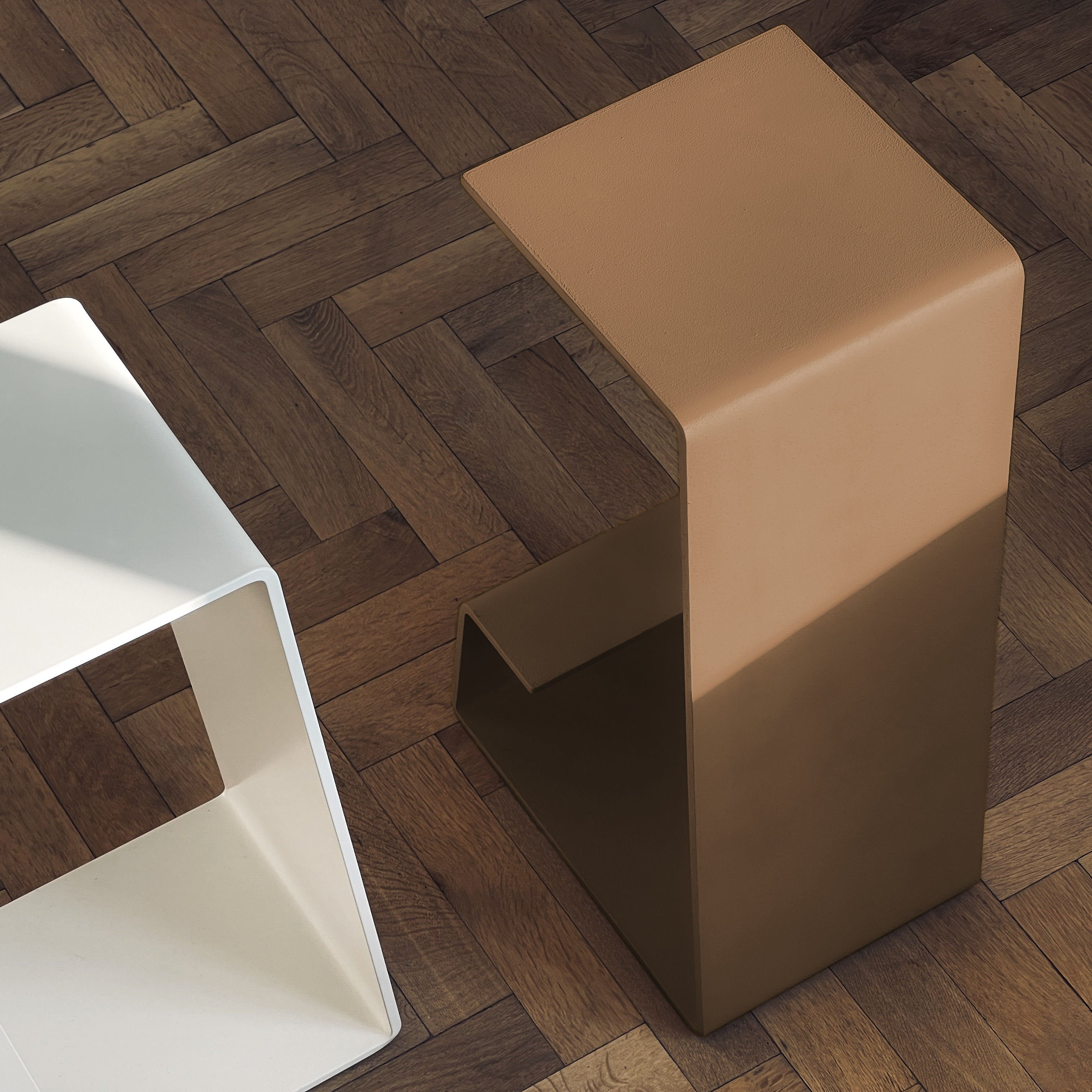 THE PURE Bar Stool in Café Galão and Foam White – modern minimalist bar seating on oak floor