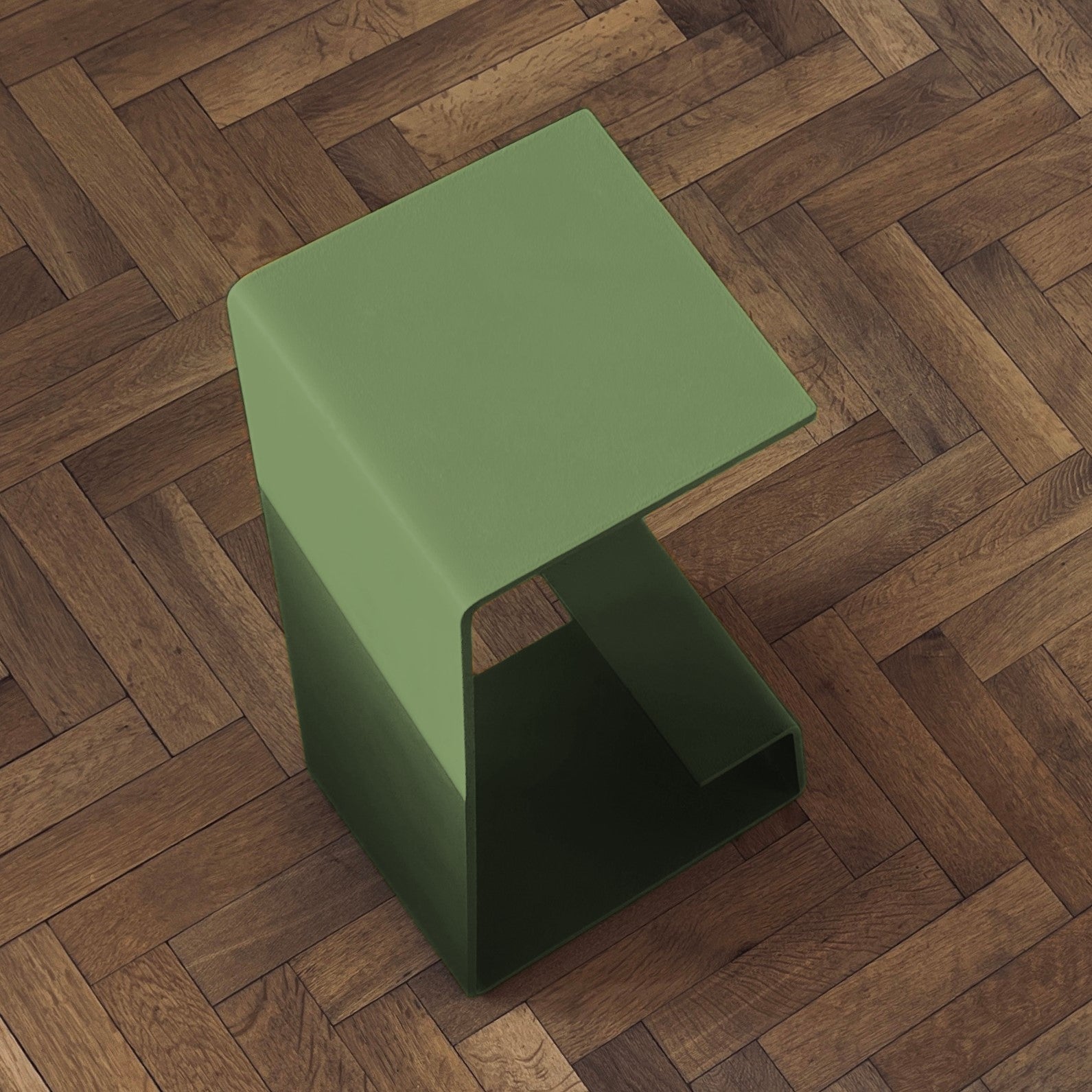 THE PURE Bar Stool in Olive Green – luxury minimalist bar stool on oak parquet background