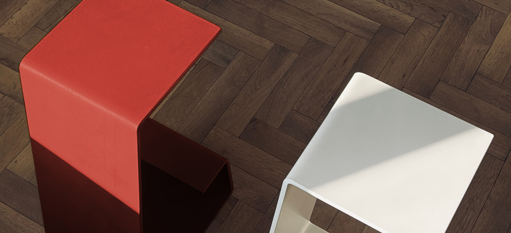 Close-up of THE PURE Bar Stools top in Red Pepper and Foam White – minimalist bar stool design detail